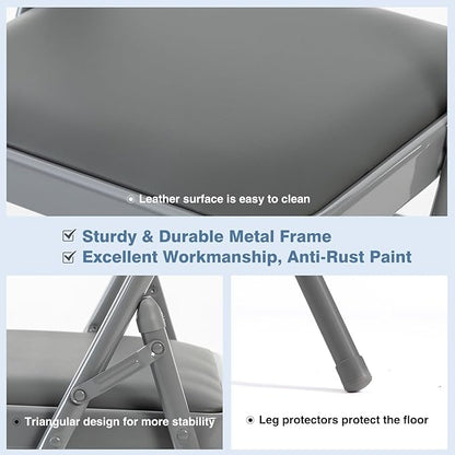 DUMOS 4 Pack Folding Chairs with Padded Cushion and Back - PU Leather Stackable Portable Dining Chairs Set, for Home and Office, Conference, Wedding, Party, Patio, Garden, for Indoor Outdoor, Grey