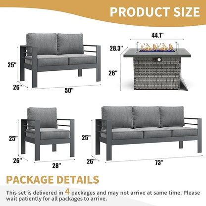 LayinSun Aluminum Furniture Set with Fire Pit Table, 5 Pieces Patio Sectional Conversation Chat Sofa Modern Seating Set