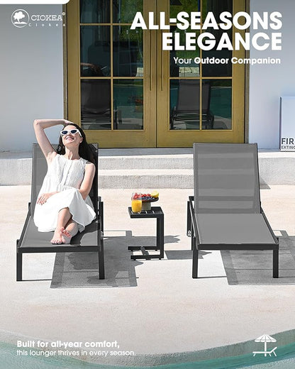 Ciokea Aluminum Chaise Lounge Chair Outdoor with Wheels, Patio Lounge Chair with Adjustable 5-Position Recliner and Full Flat Tanning Chair for Patio, Beach, Pool, Grey