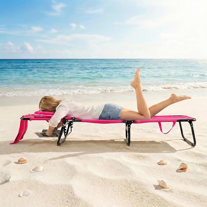 GYMAX Tanning Chair, 330lbs Beach Lounge Chair with Face Hole, Washable Pillow & Carry Strap, Adjustable Folding Chaise Lounge, Layout Lounger for Outside, Patio, Poolside, Lawn (1, Pink Stripe)