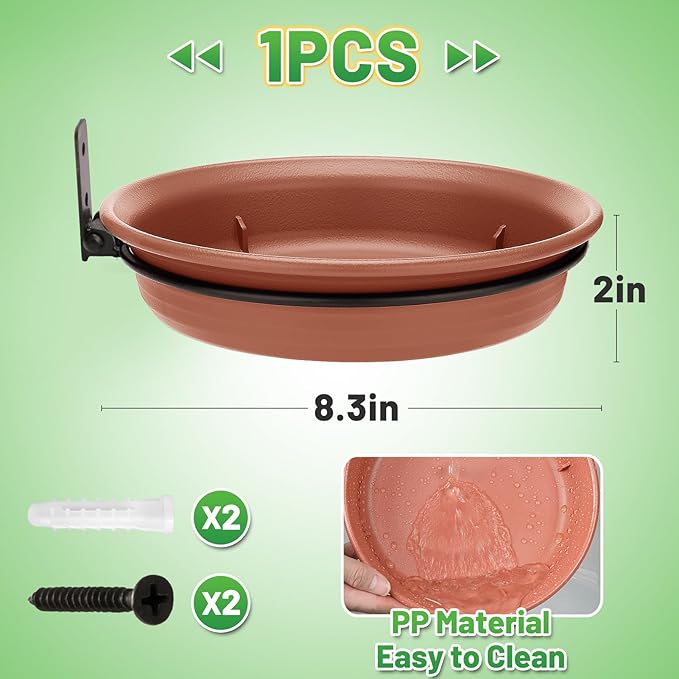 Fence Bird Feeders Tray - Tree Mounted Wild Bird Bath for Outdoors Place Food Water, Installed on Deck Wall Stakes with Heavy Duty Iron Ring, 8.3'' Dia. (Brown)