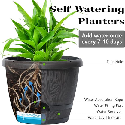Sun-E 10 Inch Self Watering Planters 3-Pack - Rustic Whiskey Barrel Flower Pots with Water Level Indicator & Drainage, Farmhouse Decor for Indoor Outdoor Plants (Dark Brown Wood Grain)