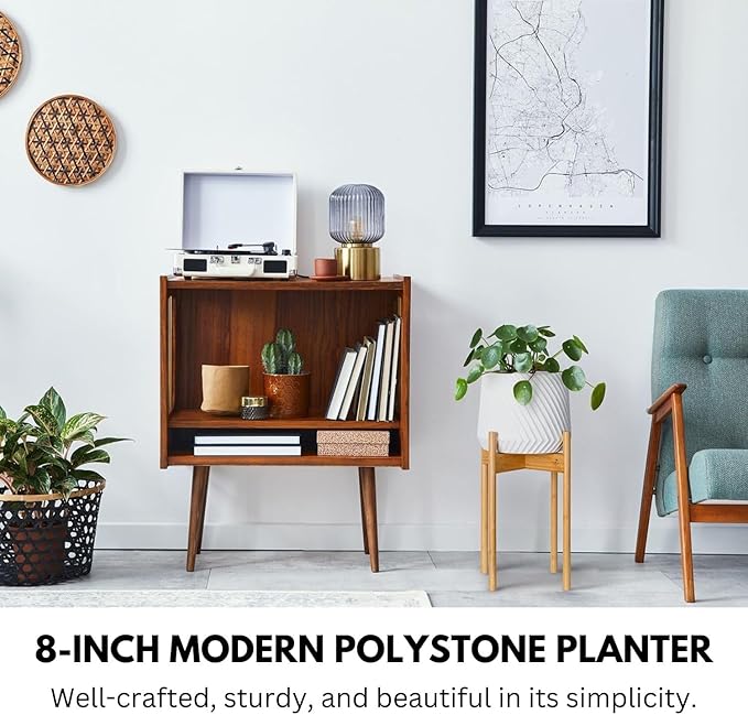 Fox & Fern 8 Inch Plant Pot with Drainage Plug — Premium Polystone White Plant Pot - Modern Planter with 3D Texture and Ceramic Finish - 8 Inch Pots for Plants Indoor & Outdoor - Lightweight