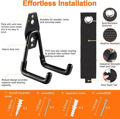 HUPBIPY Heavy Duty Garage Hooks 4 Pack, 7.7 inch U Shaped Long Hanger, with 2 Extension Cord Holder Organizer, Wall Mounted Storage System, for Power and Garden Tool Hanging， Ladders, Bikes, Hose