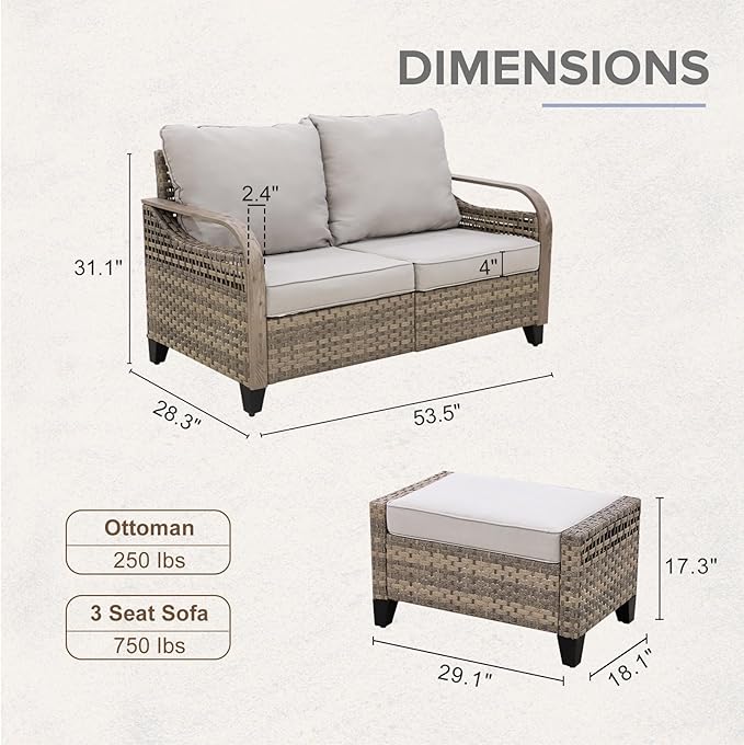 COOS BAY Modern Wicker Outdoor Furniture Set, Patio Conversation Set with 2 Seat Loveseat, and Ottomans, 3 Piece, Brown/Gray