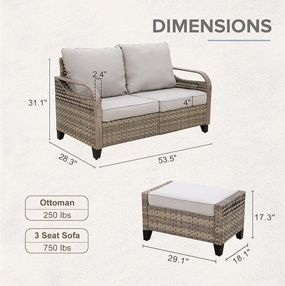 COOS BAY Modern Wicker Outdoor Furniture Set, Patio Conversation Set with 2 Seat Loveseat, and Ottomans, 3 Piece, Brown/Gray