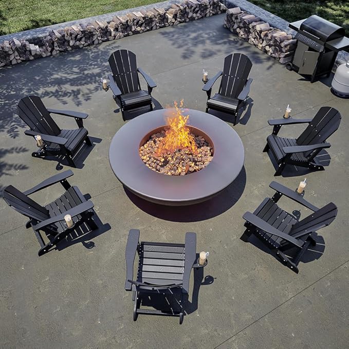 Folding Adirondack Chair with Cup Holders Set of 2, HDPE Plastic Outdoor Chairs, Weather Resistant, Real Wood Look for Patio, Deck, Fire Pit, Backyard, Black