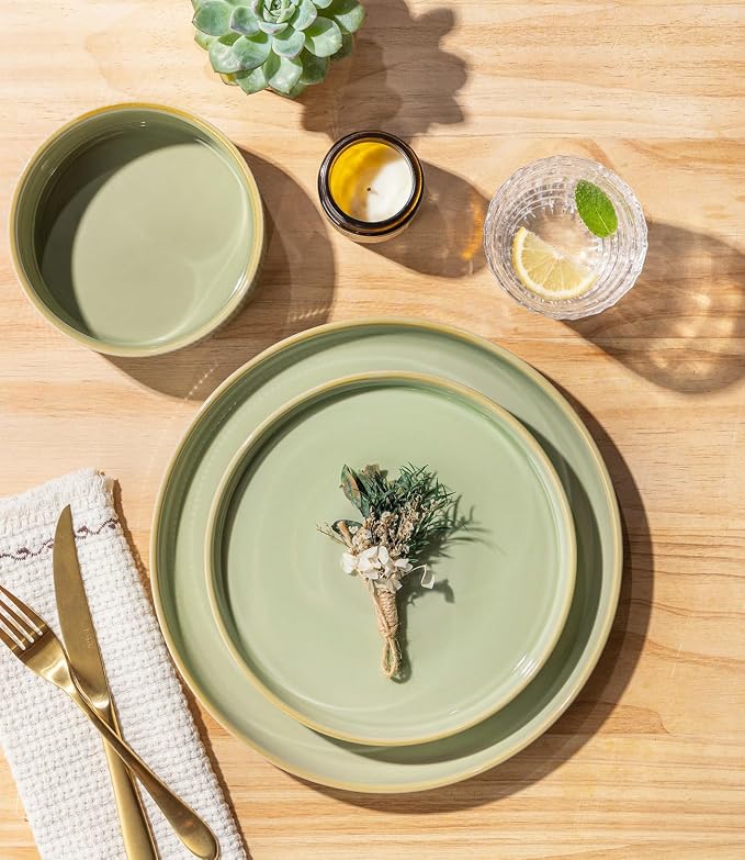 TheTerra Ceramic Dinnerware Sets for 4, 12 Pieces Porcelain Lightweight Plates and Bowls Sets, Scratch Resistant Dish Set, Oven & Microwave & Dishwasher Safe, Duck Egg Green