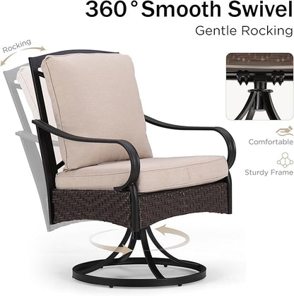 PHI VILLA Patio Swivel Chairs Set of 6, Heavy Duty Outdoor Metal Wicker Dining Chair with Thickened Cushions, Large All Weather Wrought Iron Deck Chair Lawn Furniture Support 300lbs