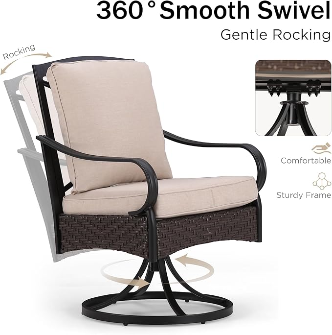 PHI VILLA Patio Swivel Chairs Set of 4, Heavy Duty Outdoor Metal Wicker Dining Chair with Thickened Cushions, Large All Weather Wrought Iron Deck Chair Lawn Furniture Support 300lbs
