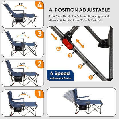Colorsoul Reclining Camping Chair w/Foot Rest, Adjustable 90°- 135° Lounge Beach Chair for Adults, Heavy Duty Outdoor Folding Chairs w/Padded Pillow, Cup Holder, for Patio Beach, Supports 350lbs,Blue