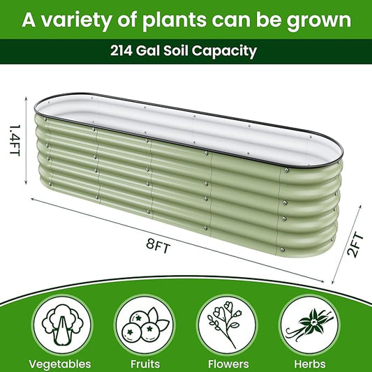 8 X 2 X 1.4 Ft Galvanized Raised Garden Bed,Sturdy and Easy to Assemble Oval Raised Planter Beds Outdoor for Vegetables, Gardening, Flowers, Fruits（Light Green）