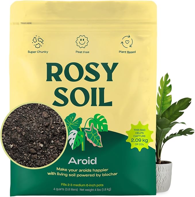 Rosy Soil Aroid Soil Mix - Chunky Biochar Potting Mix for Monstera, Philodendron, Anthurium & Tropical Plants - Peat-Free, Microbially Active, Superior Aeration & Drainage for Aroid Plants - 4 Quarts