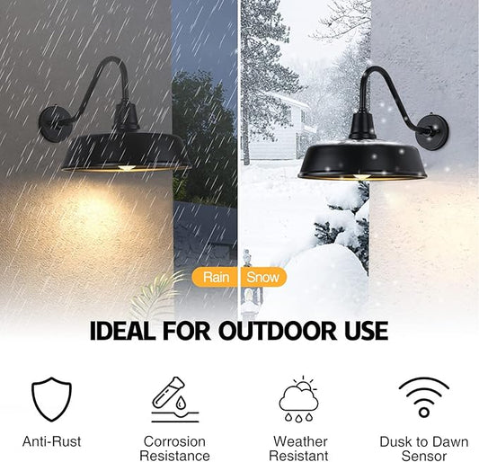 Barn Lights Outdoor Gooseneck - 15" Black Dusk to Dawn Exterior Barn Lights for House, Farmhouse Wall Lighting Fixtures with Photocell for Porch Garage (15" Diameter, 1pc)