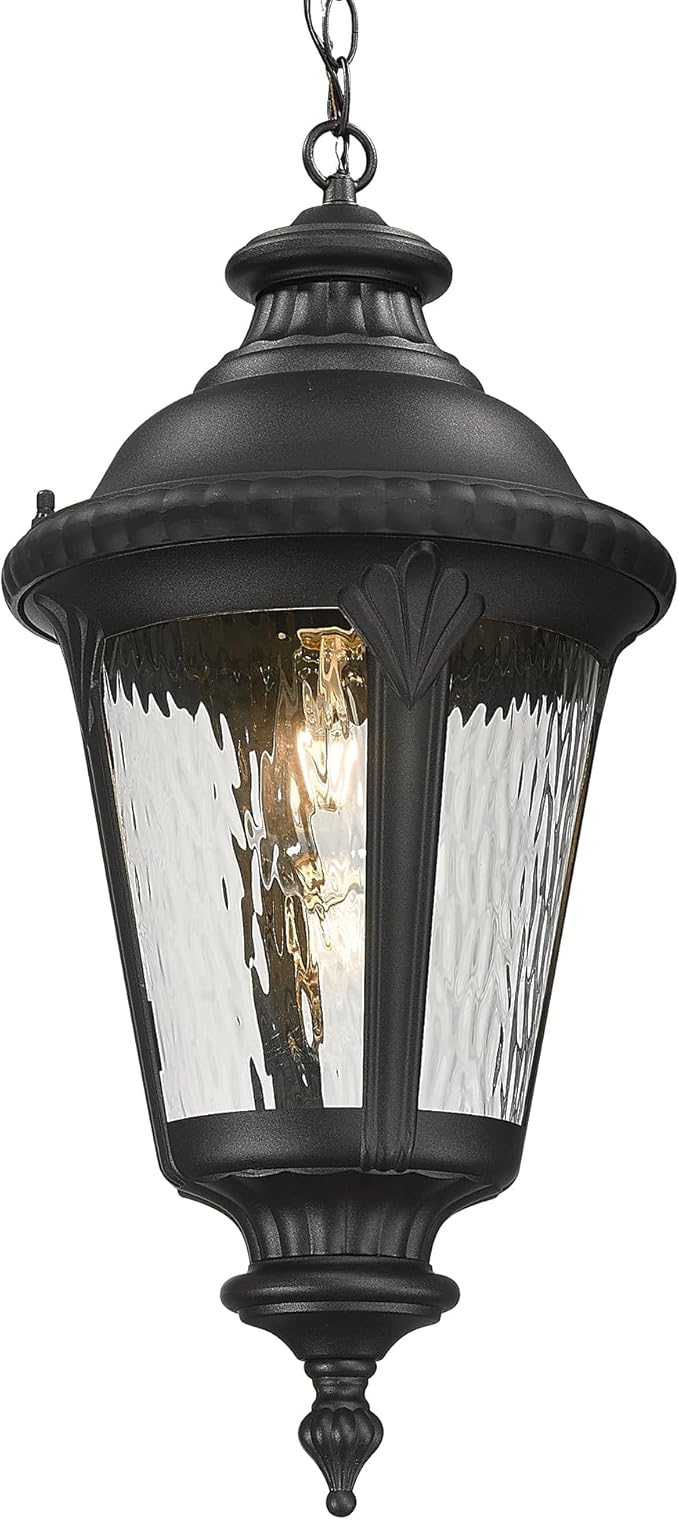 Emliviar Large Outdoor Pendant Lights for Porch, 25" Black Exterior Hanging Lantern with Water Ripple Glass, XE265H-SW BK