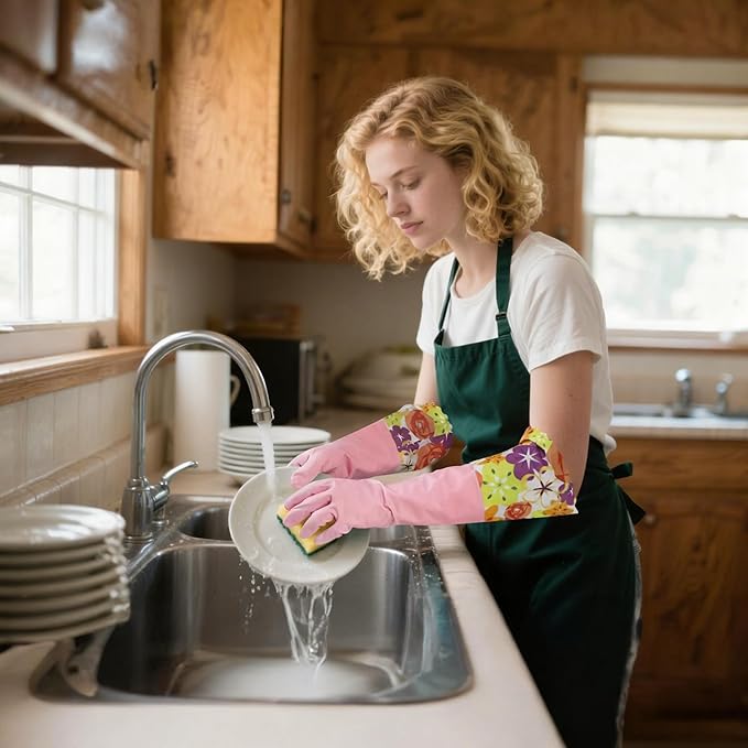 Bamllum 2 Pairs Rubber Cleaning Gloves, Household Kitchen Dishwashing Gloves with Cotton Flocked Liner, Long Cuff 16 Inches (Yellow+Pink, Large)