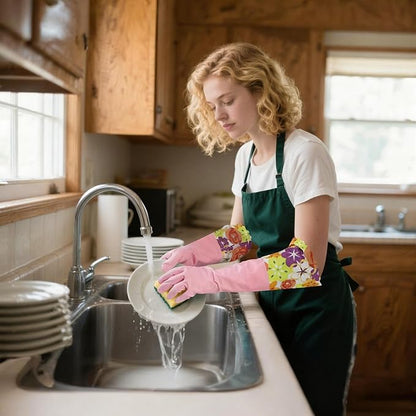 Bamllum 2 Pairs Rubber Cleaning Gloves, Household Kitchen Dishwashing Gloves with Cotton Flocked Liner, Long Cuff 16 Inches (Yellow+Pink, Large)