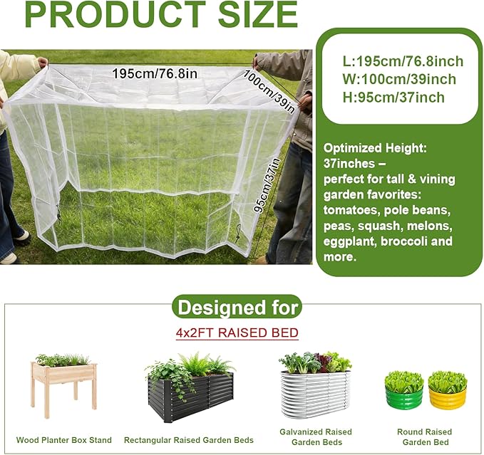 2 Pack Garden Netting for 6×3 FT Raised Beds, Large Fine Mesh Insect Netting with Drawstring, Garden Bed Cover for Vegetables, Fruit & Flower Protection