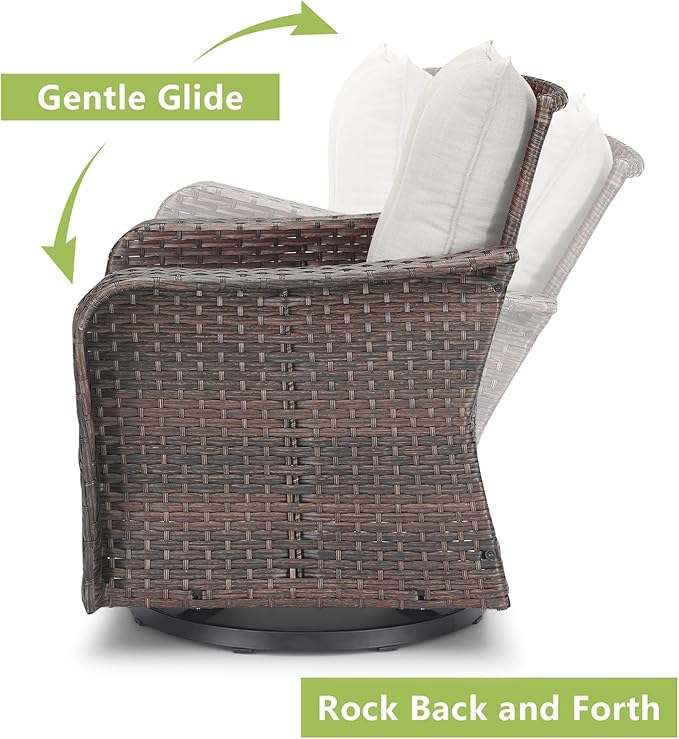 Rilyson Outdoor Patio Swivel Rocker Chairs - 4 PC Wicker Rattan Patio Rocking Glider Chair Set with High Back,Comfy Cushions and Deep Seating for Porch Deck Backyard Garden(Brown/Beige)