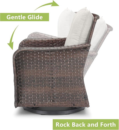 Rilyson Outdoor Patio Swivel Rocker Chairs - 4 PC Wicker Rattan Patio Rocking Glider Chair Set with High Back,Comfy Cushions and Deep Seating for Porch Deck Backyard Garden(Brown/Beige)