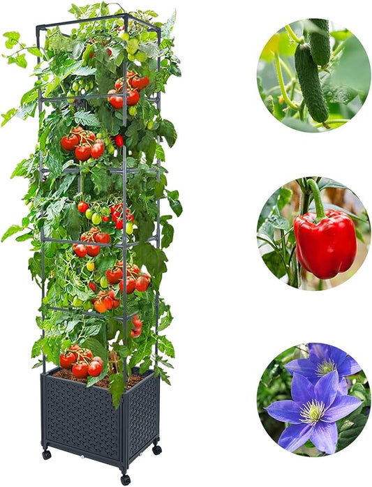 GREEN MOUNT Raised Garden Bed Planter Box with Trellis for Climbing Vegetables Plants, 67.6" Outdoor Tomatoes Planters Tomato Cage w/Wheels