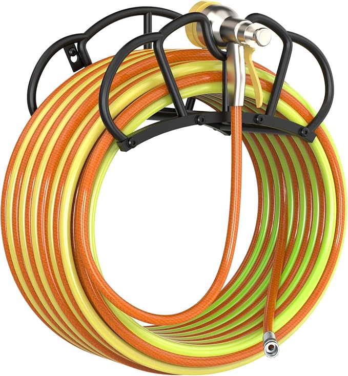 Qatsrin Super Stable Garden Hose Holder Wall Mount, Heavy Duty Water Hose holder Hanger Holds 125-Feet Hose, Metal Hose Storage Reel Rack Organizer for Outside Yard Lawn