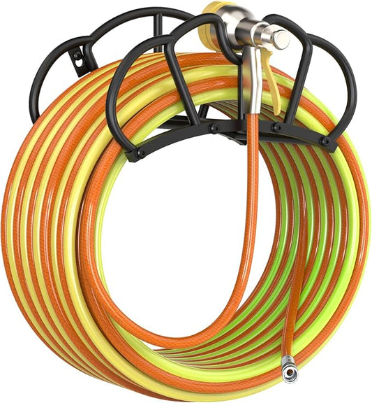 Qatsrin Super Stable Garden Hose Holder Wall Mount, Heavy Duty Water Hose holder Hanger Holds 125-Feet Hose, Metal Hose Storage Reel Rack Organizer for Outside Yard Lawn