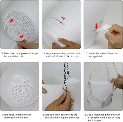 10 inch Self Watering Hanging Planters, 2 Pack Hanging Flower Pots for Indoor Outdoor Plants, Hanging Baskets with Drainage Holes & 2 Kinds of Plant Hangers for Garden Home Decor, White