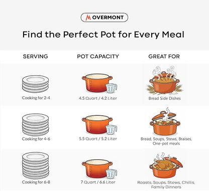 Overmont Enameled Cast Iron Dutch Oven - 5.5QT Pot with Wide Handles Lid Cookbook & Cotton Potholders - Heavy-Duty Pre-Seasoned Cookware Oven Safe to 500°F for Braising, Stews, Roasting, Sourdough Baking