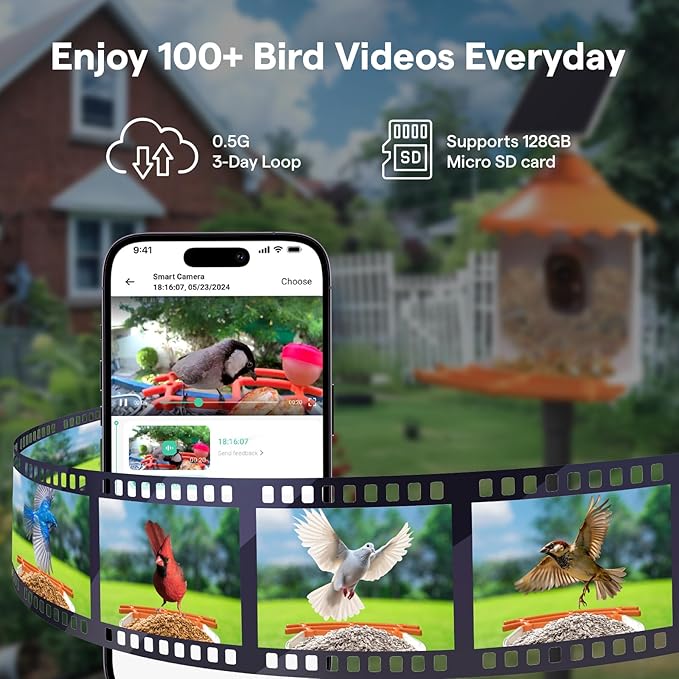 BirdsView Bird Feeder with 2K Ai Camera, Solar Panel, Hummingbird Feeder, Bird House, Live Alerts & Species Recognition – Ideal for Bird Lovers