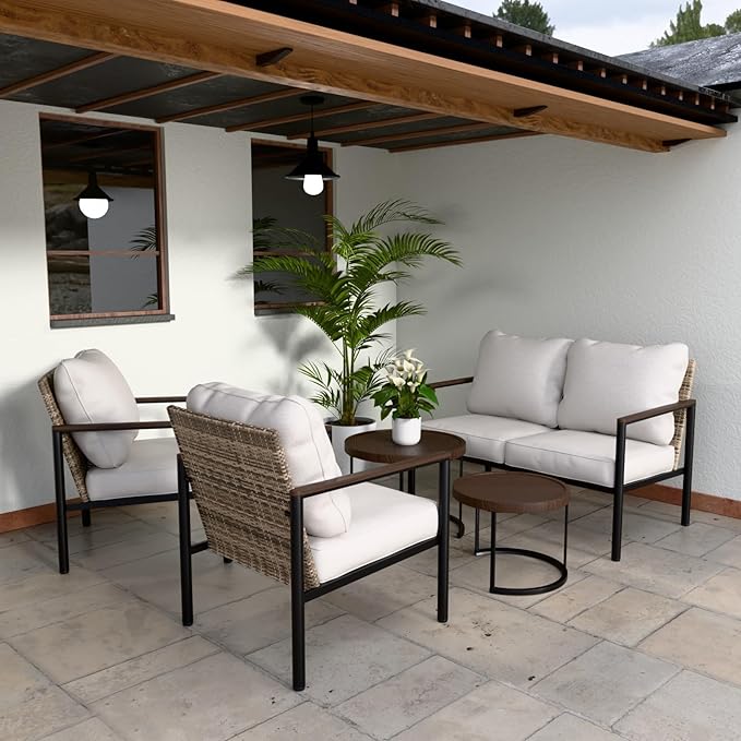 COOS BAY Sand Dune 5 Piece Wicker Patio Furniture Set, Rattan Outdoor Furniture with Nesting Tables, Chairs, Loveseat, and Coffee Tables, Brown/Beige