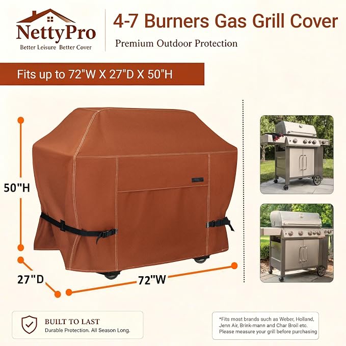NettyPro Grill Cover Heavy Duty Waterproof 72 inch, Outdoor 3-5 Burners Gas BBQ Cover for Outside Weber, Char-Broil, Brinkmann, Nexgrill Large Barbecue, Black