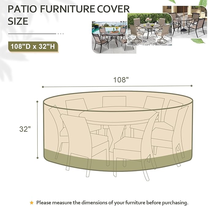 COWVIE Round Patio Dining Set Cover for Outdoor Table and Chairs, 600D Waterproof and UV-Resistant Fabric Patio Furniture Cover with Storage and Air Vent, 108''Dia x 32''H