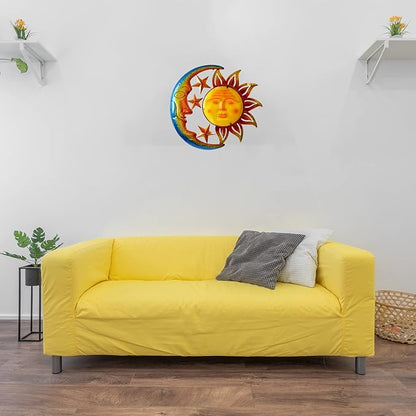 Large 19 Inch Metal Sun Moon Star Wall Art Decor, Bright Color Inspirational Valentine, Resistant to Rust Metal Sculpture Hanging for Indoor Outdoor Home Living Room Office Yard Garden