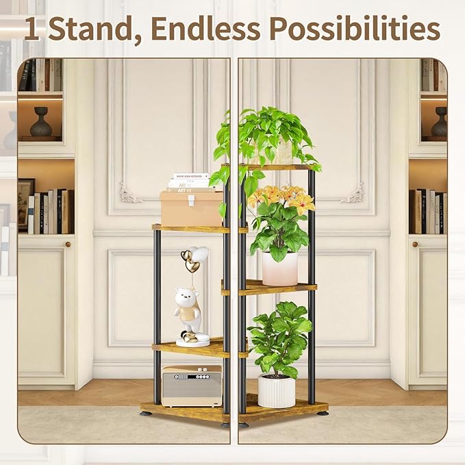 LASZOLA 4 Tier Tall Wood Plant Stand Indoor, Heavy Duty Corner Plant Rack for Large Planters, Multi Level Vertical Metal Flower Holder Display Shelf for Living Room Patio Balcony Garden, Rustic Brown
