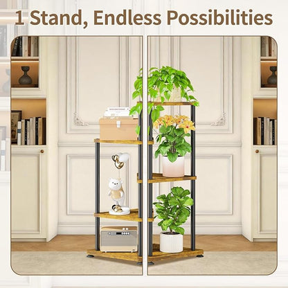 LASZOLA 4 Tier Tall Wood Plant Stand Indoor, Heavy Duty Corner Plant Rack for Large Planters, Multi Level Vertical Metal Flower Holder Display Shelf for Living Room Patio Balcony Garden, Rustic Brown