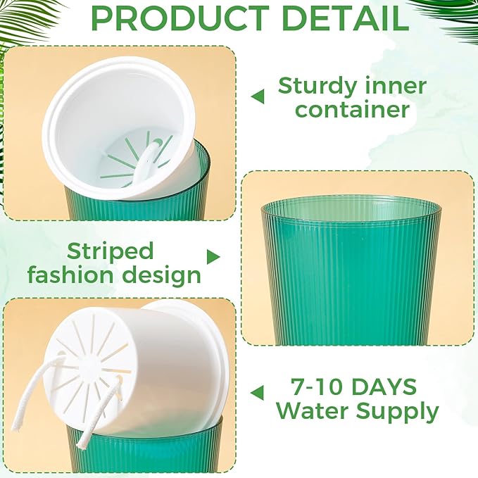 6 Pack Self Watering Pots for Indoor Plants Plastic Vertical Ribbed Semi Transparent Planters, Dual Layer Reservoir for Indoor Succulents Herbs Pothos(Green, White,4.4 x 4.9 Inch)