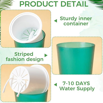 6 Pack Self Watering Pots for Indoor Plants Plastic Vertical Ribbed Semi Transparent Planters, Dual Layer Reservoir for Indoor Succulents Herbs Pothos(Green, White,4.4 x 4.9 Inch)