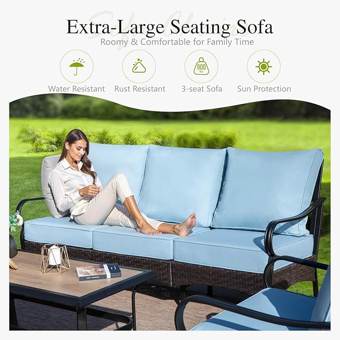 Sophia & William Patio Furniture Set with Fire Pit Table, 4 PCS Metal Outdoor Conversation Set with Fire Pit Table, 2 Swivel Chairs,3-Seater Couch for Outdoor Seating, Backyard, Porch(Blue)