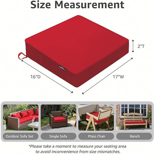 PatioGlow Outdoor Chair Cushions 17 x 16 x 2 Inch, Waterproof & Fade Resistant Patio Seat Cushion for Furniture with Handle and Ties, Thick Seating Pads for Outside Sofa Couch Set of 2, Red