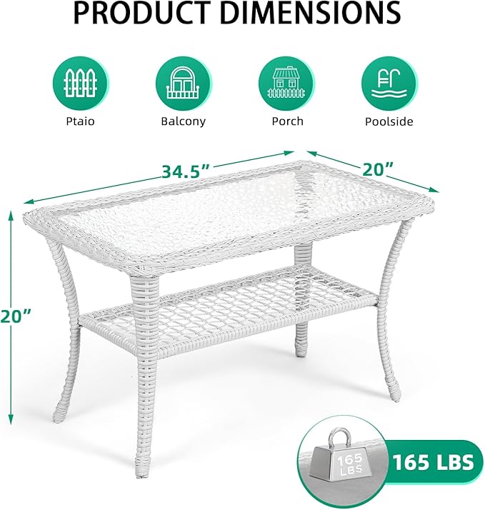 VIVIJASON Outdoor Wicker Coffee Table, All-Weather Rattan Patio Coffee Table with 2-Tier Storage, Tempered Glass Top Rectangle Center Table for Deck, Garden, Balcony, Porch, Indoor or Outdoor Use