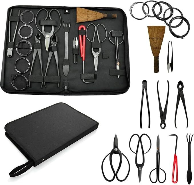 Gardening Bonsai Tool Sets 15pcs Carbon Steel Garden Plant Trimming Kit Scissor Cutter Shear Heavy Duty Nylon Case Outdoor Entrenching Tools
