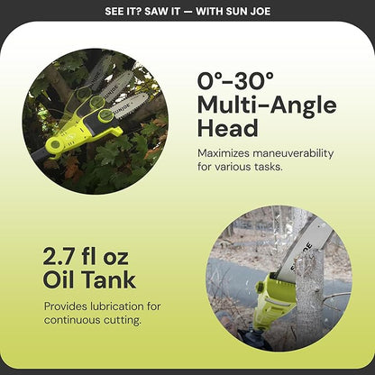 Sun Joe Cordless Pole Chainsaw Machine, Electric Telescoping Trimmer, Extendable Up to 7.2 Ft - Heavy-Duty Trimming Equipment for Tree Trunks, Limbs, Logs, Brush, and Branches, 24V-PS8-LTE