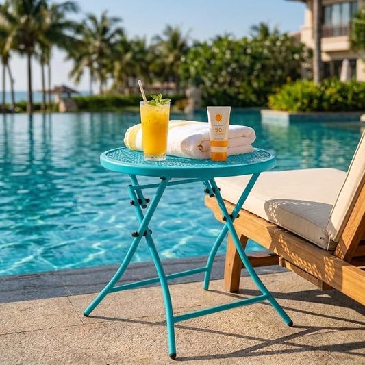TeoKJ Folding Outdoor Side Tables, Anti Rust Small Patio Table Round Metal Nightstand with Flower Cutouts for Porch Yard Balcony Deck Lawn, Blue