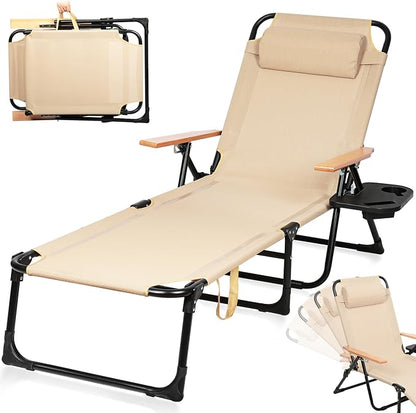 Beach Lounge Chairs with Armrests, 4-Position Folding Lounge Chairs for Outside, Sunbathing Portable Lounge Chaise, Tanning Chair Pillow & Cup Holder, for Outside Beach Pool (Beige)