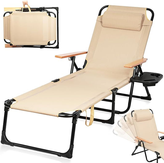 Beach Lounge Chairs with Armrests, 4-Position Folding Lounge Chairs for Outside, Sunbathing Portable Lounge Chaise, Tanning Chair Pillow & Cup Holder, for Outside Beach Pool (Beige)