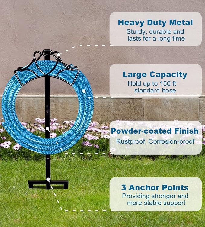 Artigarden Outdoor Garden Freestanding Hose Holder Stand, Heavy Duty Metal Water Pipe Storage Rack Stake for Backyard, Black