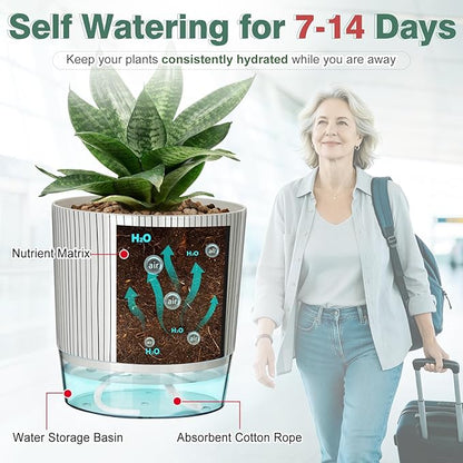 3 Pack Self Watering Pots for Indoor Plants, 4+5.5+6.3 Inch Self Watering Plant Pots, Flower Pots with Wick Rope and Reservoir - Black Stripes