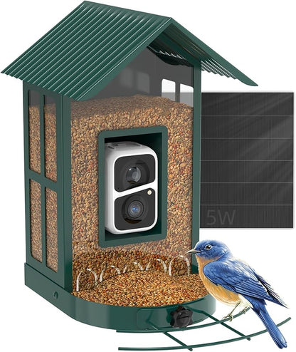 Soliom- Bird Feeder with Camera, 5W Solar Powered, AI Identify Species, Smart Wild Bird Watching, 2K Live View, Instant Arrival Alerts,Large 2.7L Seed Capacity, Metal Squirrel Chew-Proof - BF08 Green