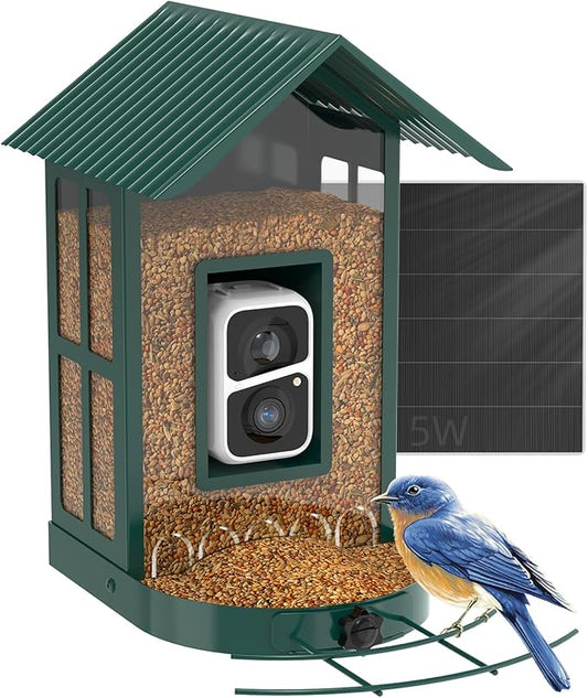 Soliom- Bird Feeder with Camera, 5W Solar Powered, AI Identify Species, Smart Wild Bird Watching, 2K Live View, Instant Arrival Alerts,Large 2.7L Seed Capacity, Metal Squirrel Chew-Proof - BF08 Green